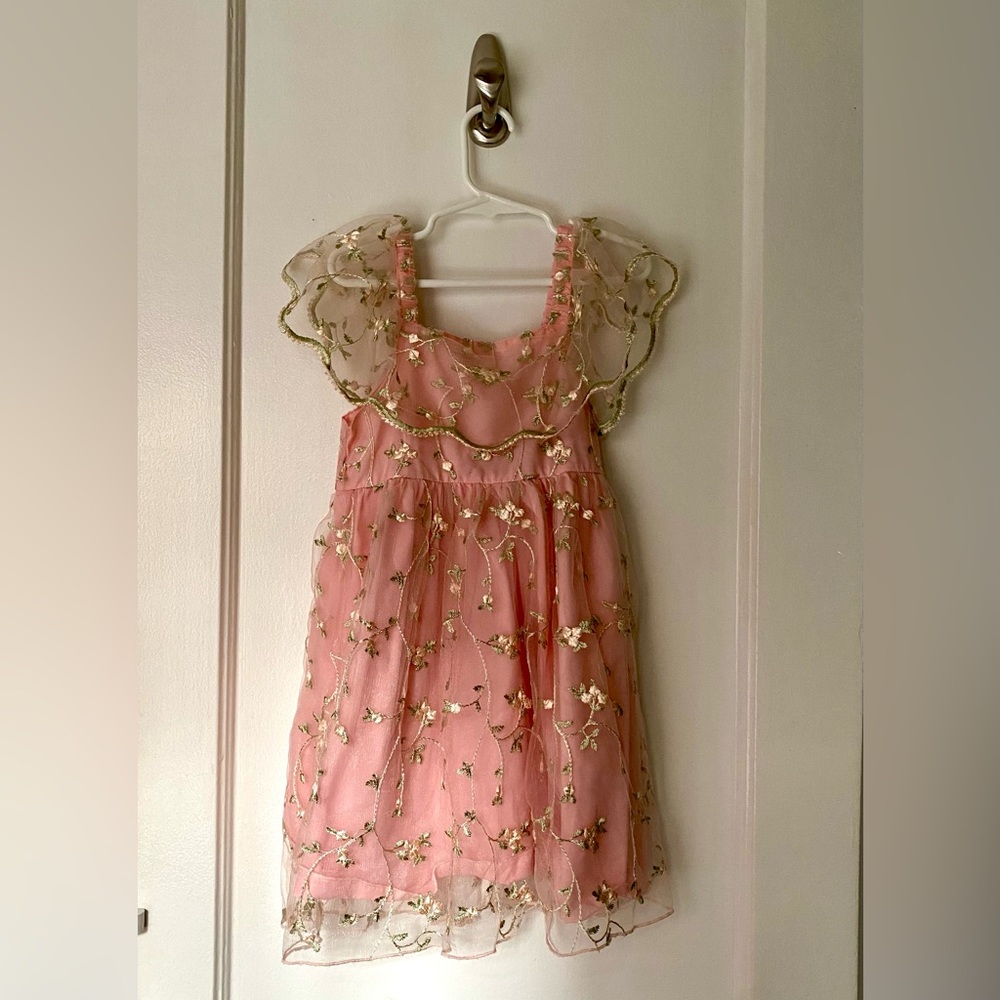 Pink Dress with Gold Floral Embroidery